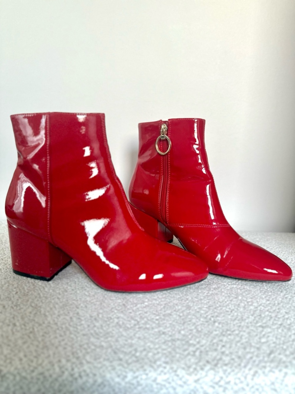 TOPSHOP Bright Red Patent Block Heel Ankle Boots - Picture 5 of 11